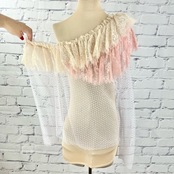 Philosophy Di Lorenzo Serafini Lace Asymmetrical Long Sleeve Ruffle Blouse Med - Picture 2 of 8